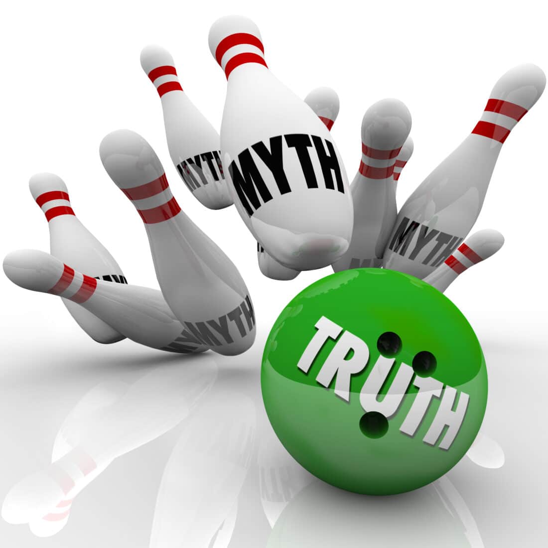 bust trademark myths. bowling ball labeled truth knocking over pins labeled myth