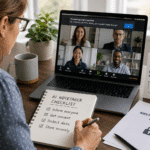 woman with laptop on group meeting showing recording message