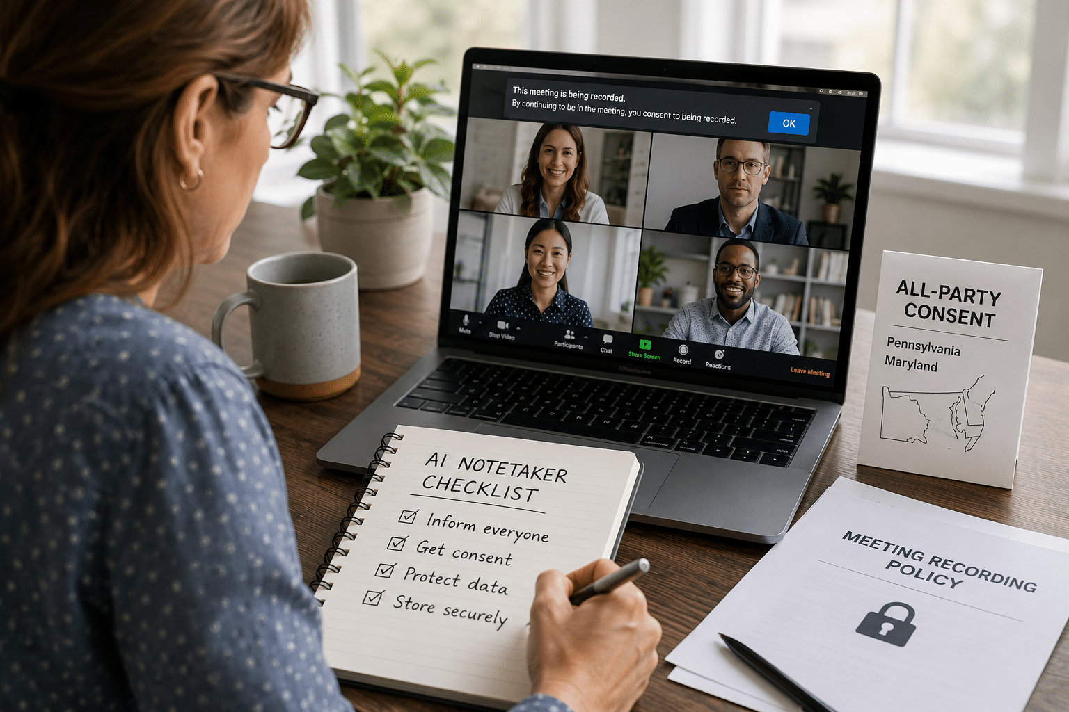 woman with laptop on group meeting showing recording message