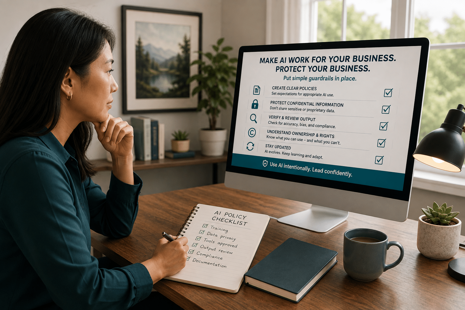woman at computer drafting an AI acceptable use policy