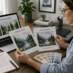 business woman reviewing AI output against reverse image search results.