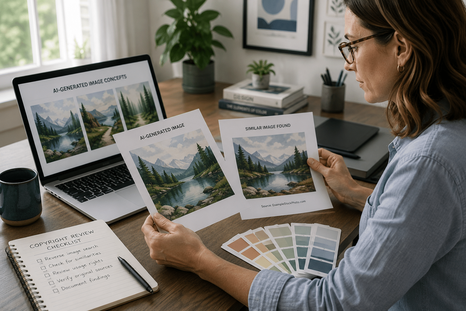 business woman reviewing AI output against reverse image search results.