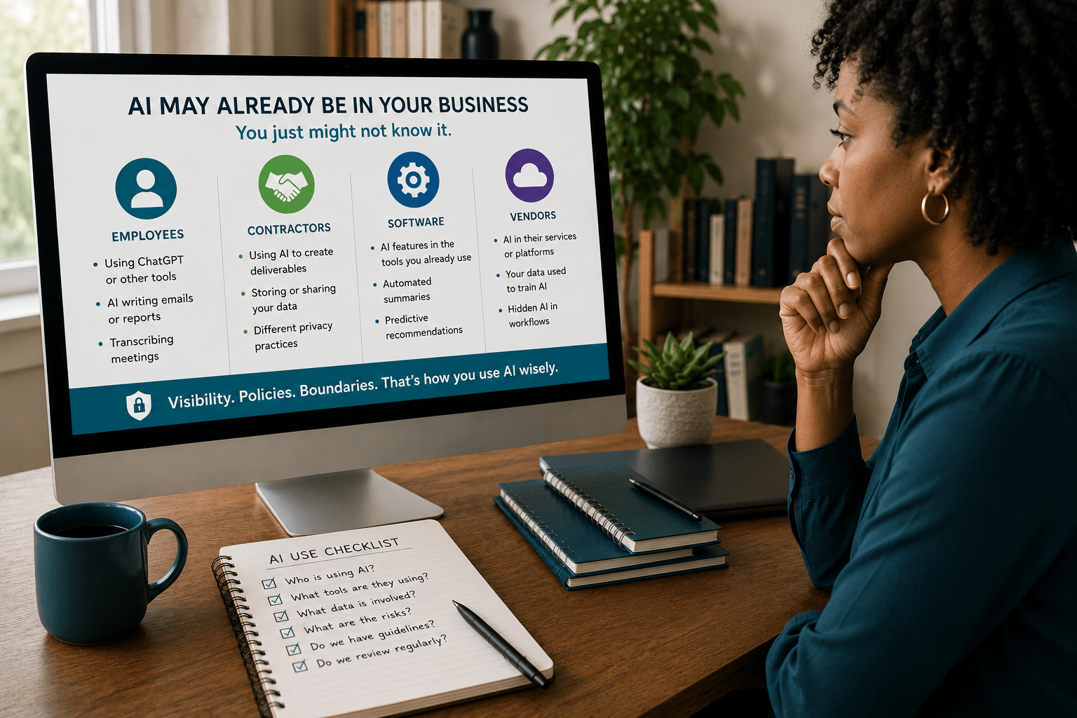 woman looking at computer screen with listing of places Shadow AI may occur