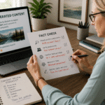 Woman at desk fact-checking AI generated content
