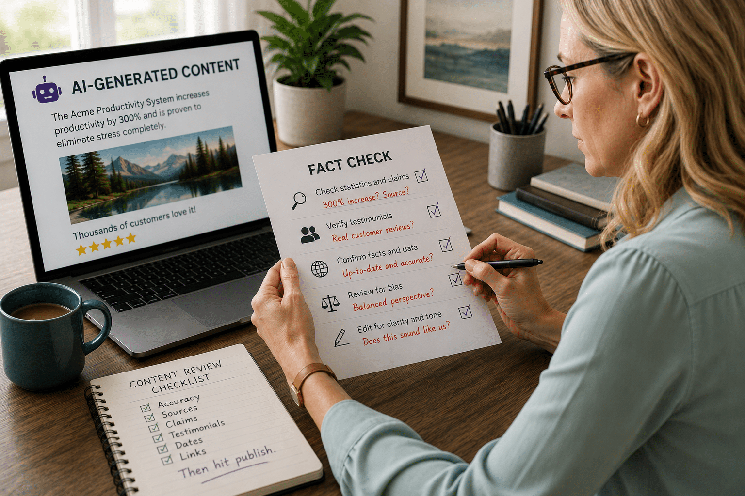 Woman at desk fact-checking AI generated content